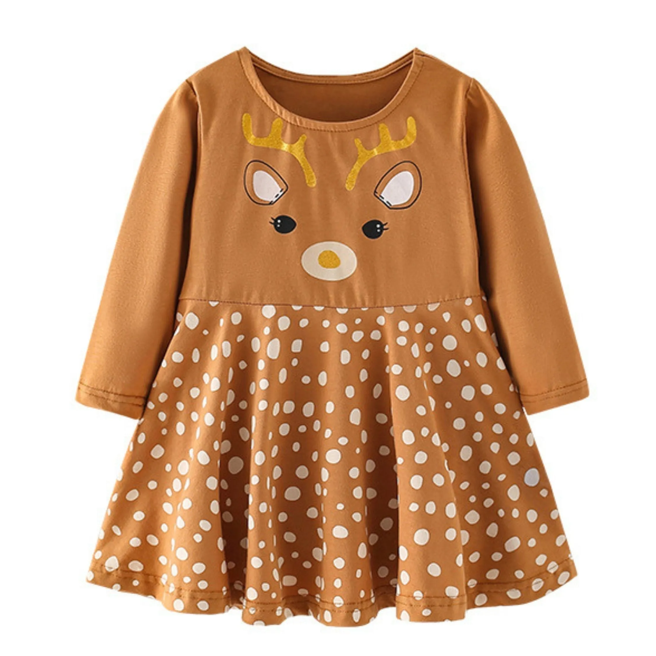 Full Sleeve Reindeer Theme Girls Dress, Brown