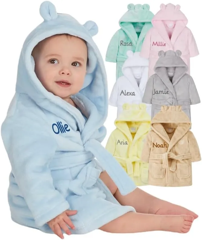 Gembroidery Personalised Baby Bathrobe Hooded Fleece Dressing Gown Super Soft Gifts Bath Robe For Boys Girls Cute Teddy Ears 0-4 Years