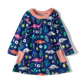 Girls Forest & Dino Theme Print Pockets Dress