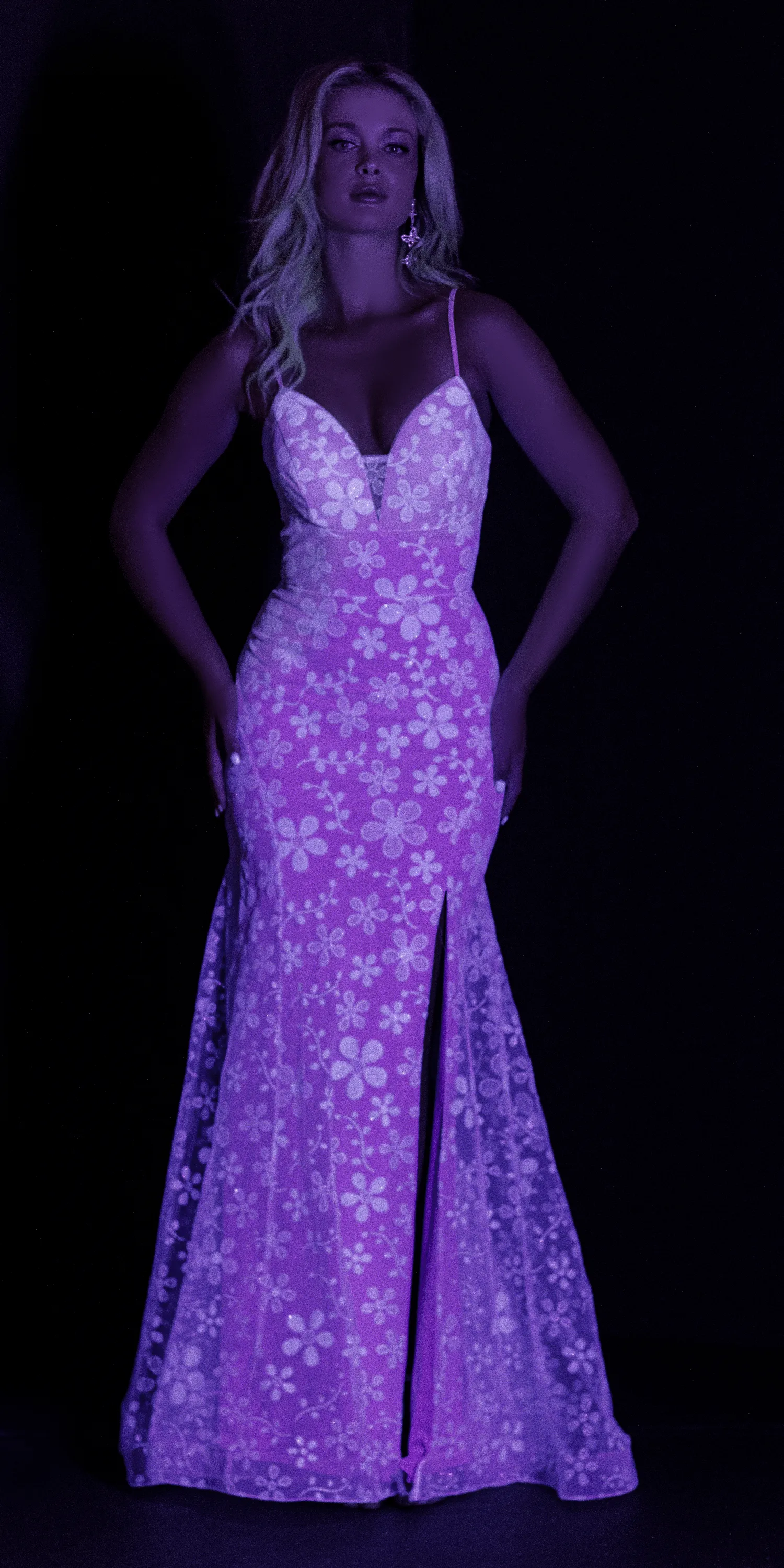 Glow in the Dark Plunging Mesh Glitter Daisy Trumpet Dress