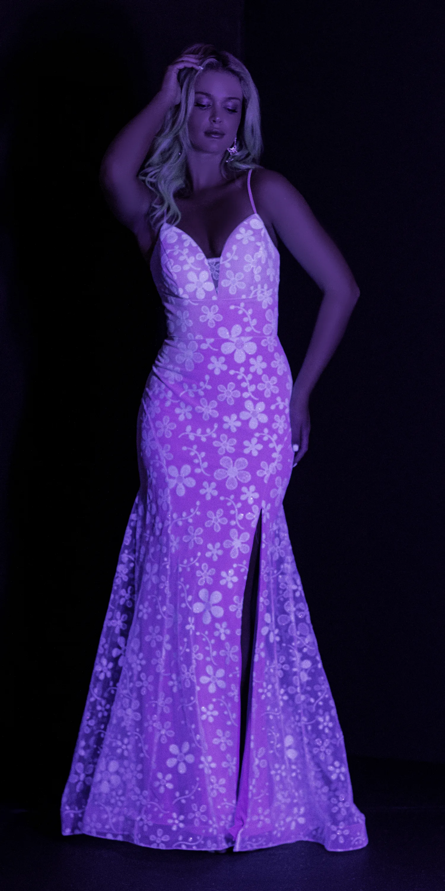 Glow in the Dark Plunging Mesh Glitter Daisy Trumpet Dress