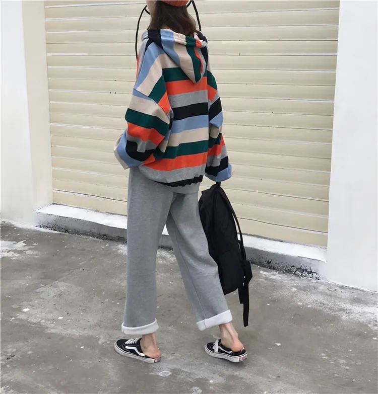 Kawaii Colorful Stripes Hoodie And Gray Comfy Pants