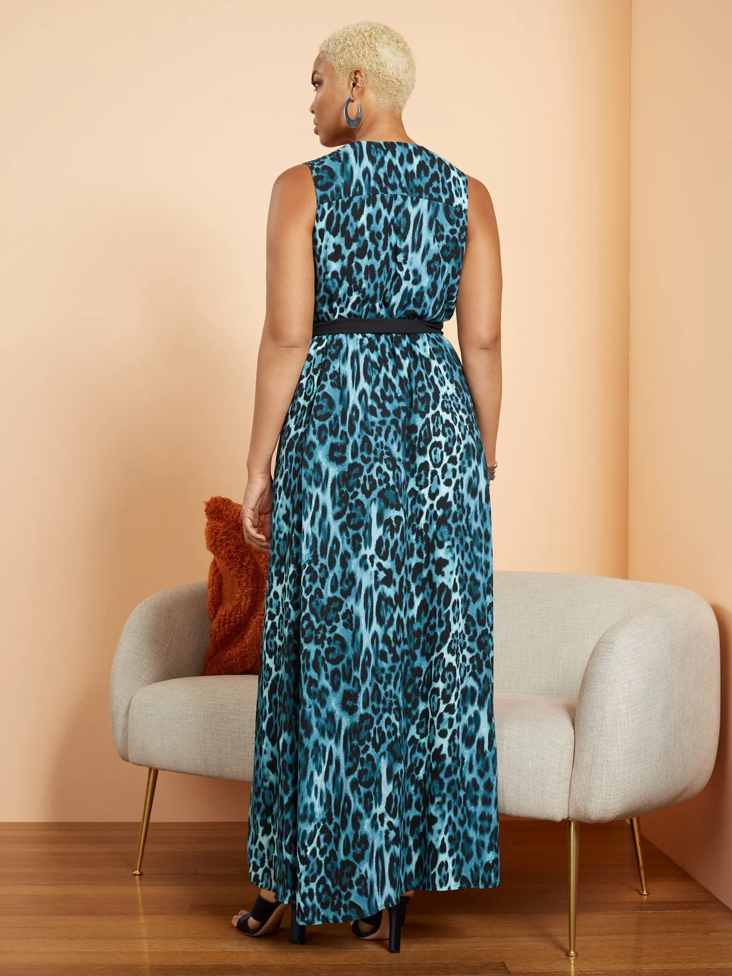 Leopard-Print Belted Sleeveless Maxi Dress