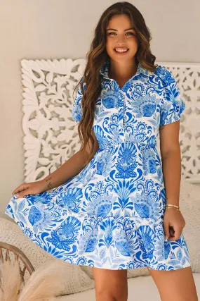 Lilly Sky Blue Floral Drawstring Waist Ruffled Dress