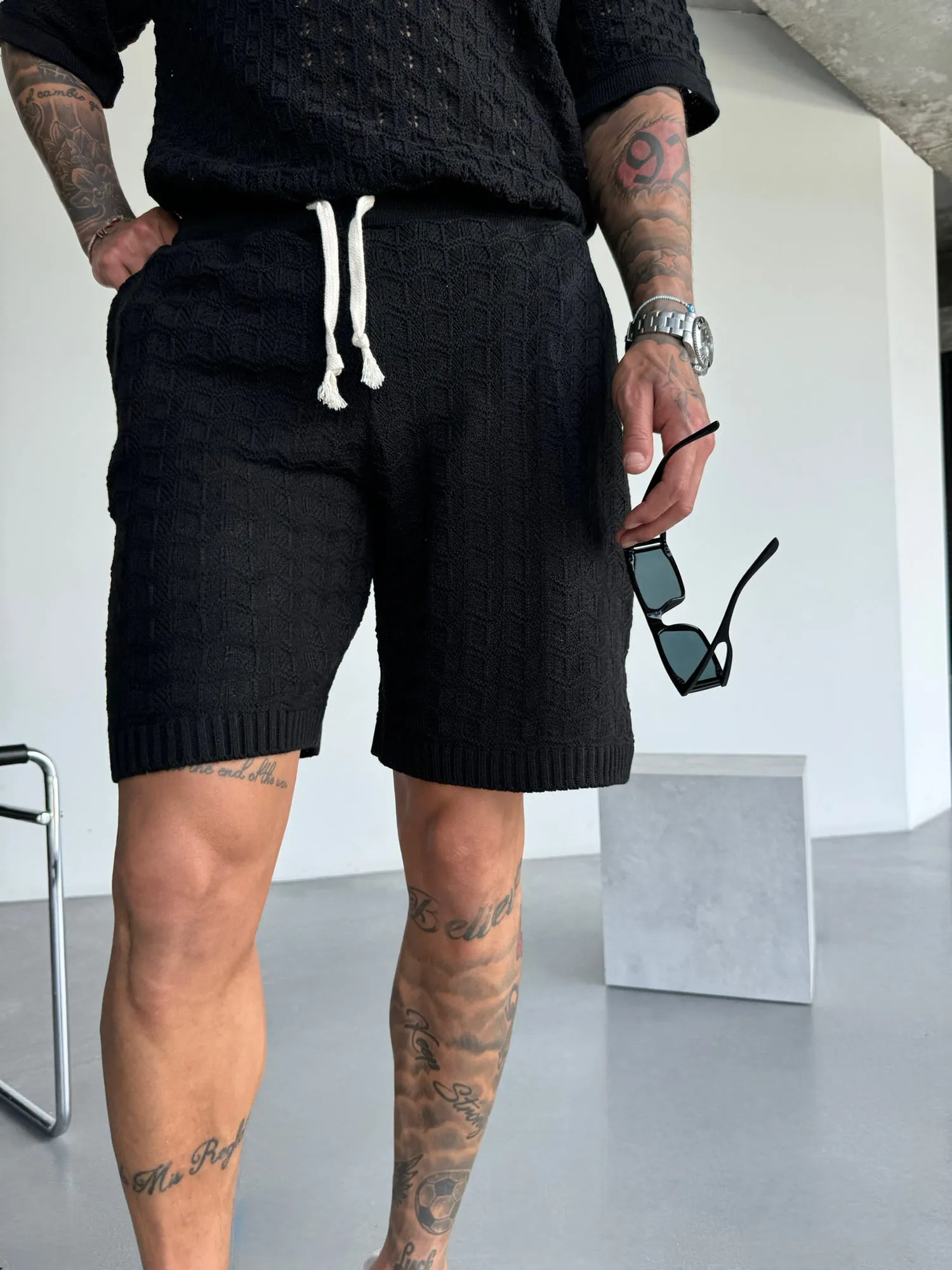 Loose Fit Structured Knit Shorts - Black