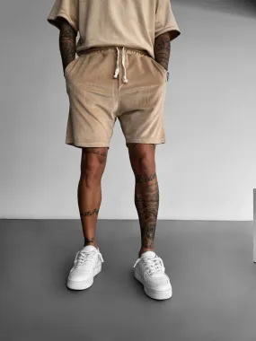 Loose Fit Velvet Shorts - Beige