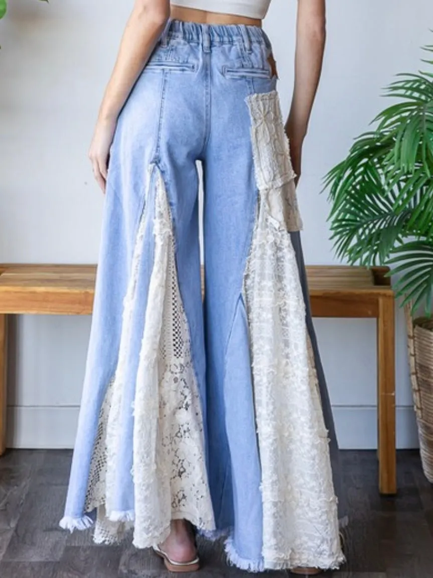 Mid blue and lace details boho wide leg pants