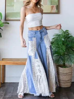 Mid blue and lace details boho wide leg pants