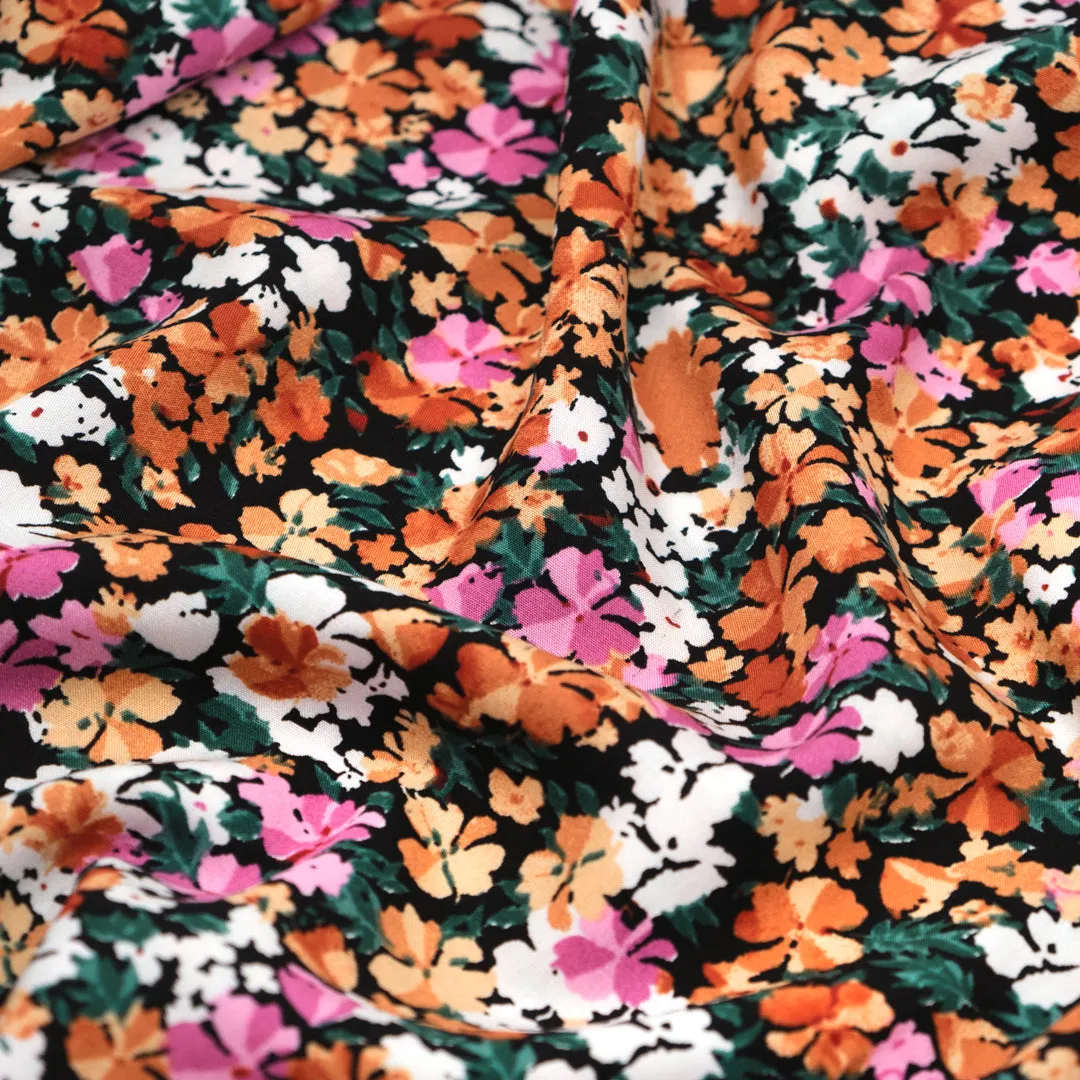 Playful Posies Rayon Voile - Black/Tangerine/Candy