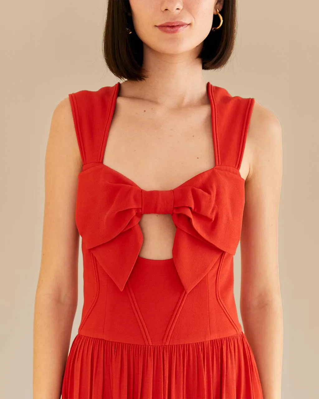 Red Bow Detail Sleeveless Midi Dress