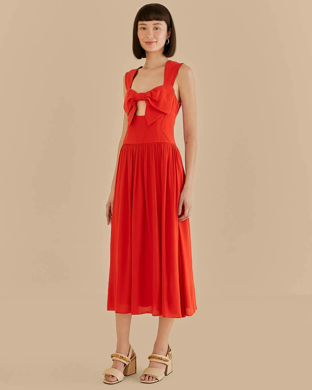 Red Bow Detail Sleeveless Midi Dress