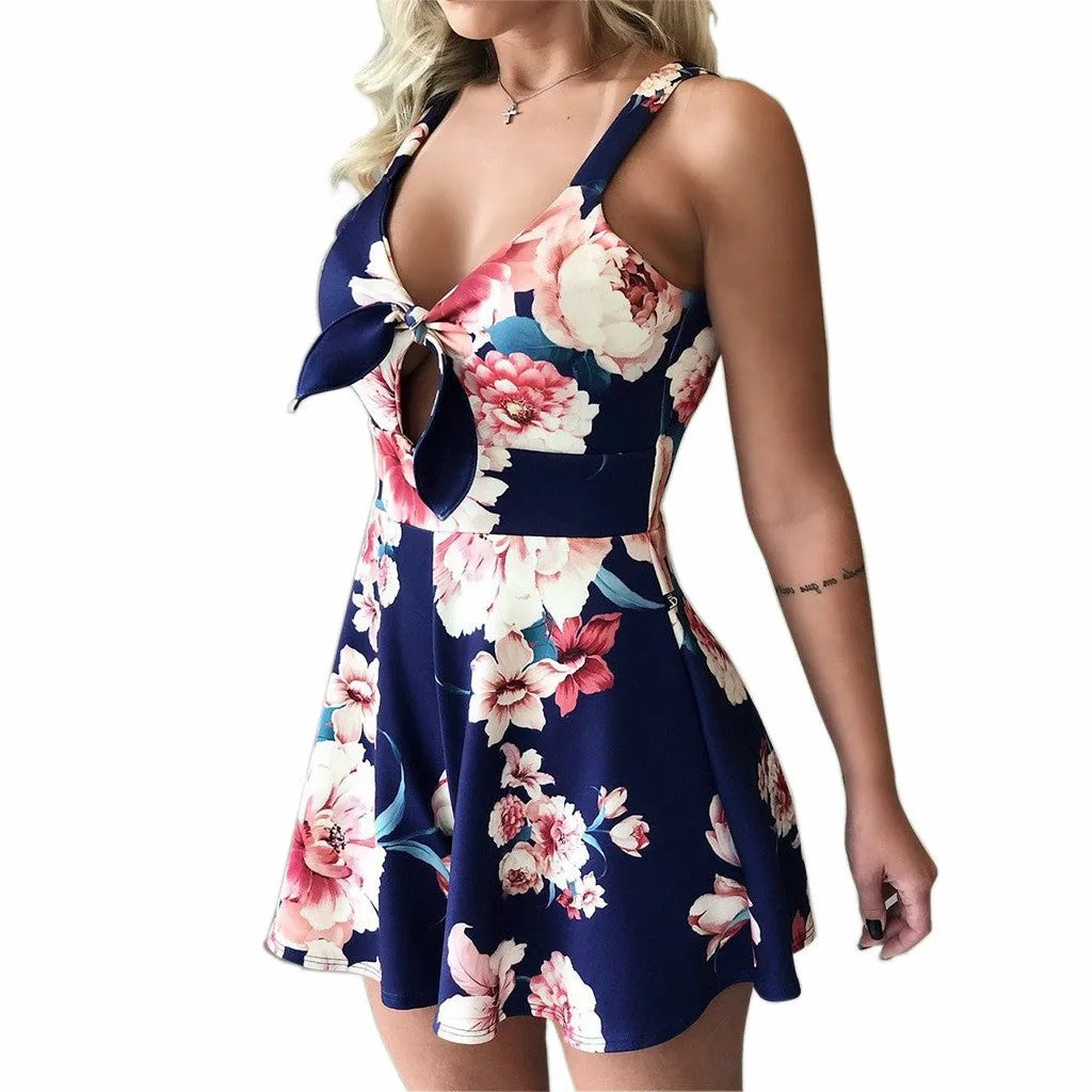 Sexy Sling Chest Bow Street Hipster Lace Printing Loose One-piece Shorts