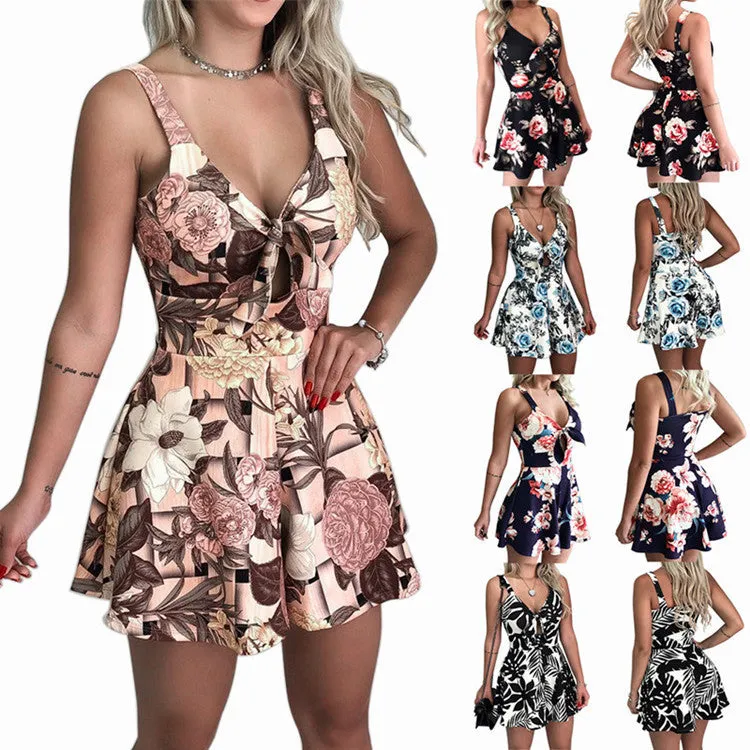 Sexy Sling Chest Bow Street Hipster Lace Printing Loose One-piece Shorts