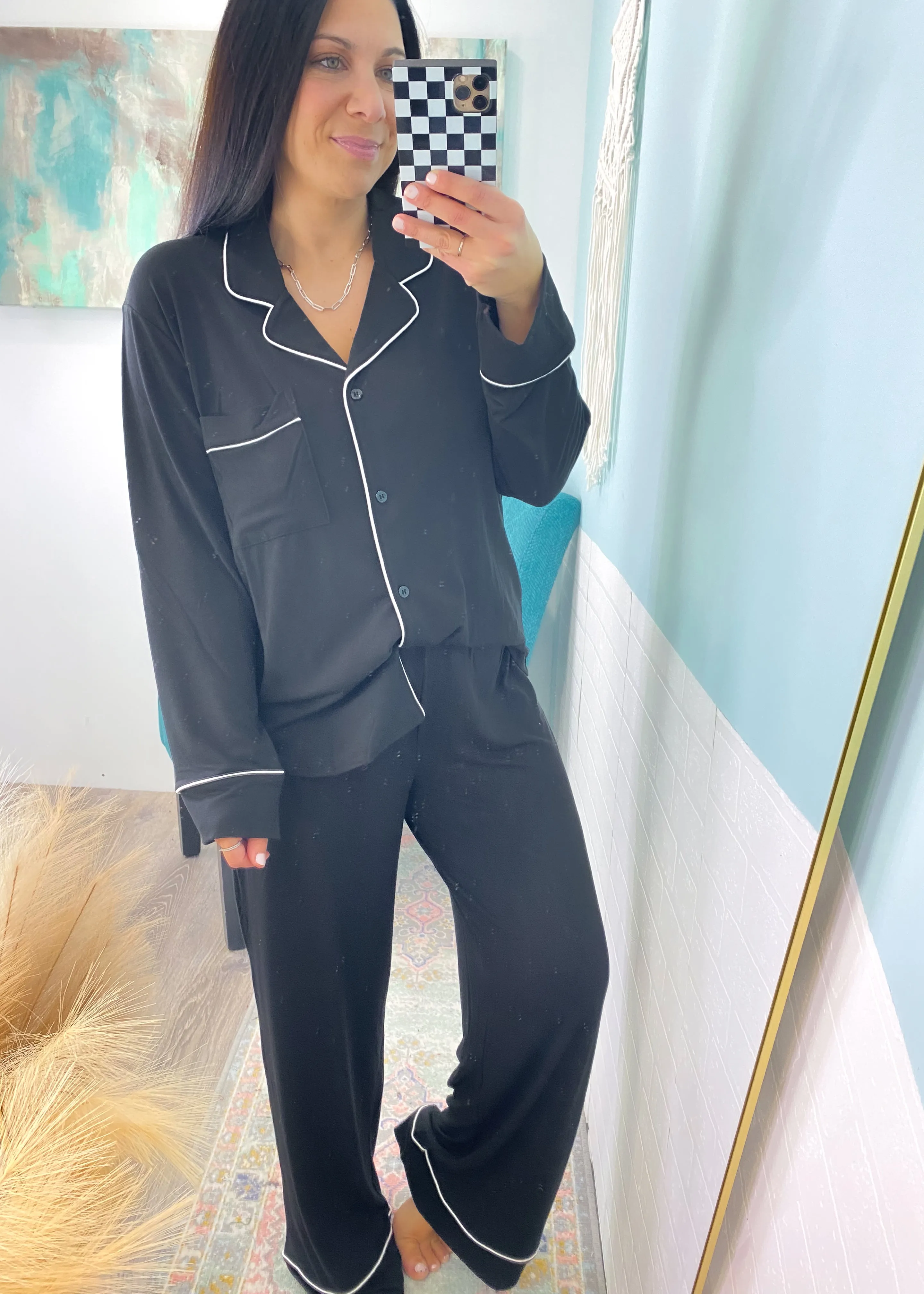 'Sweet Dreams' Black Ultra Soft Long Sleeve & Wide Leg Pants Pajamas