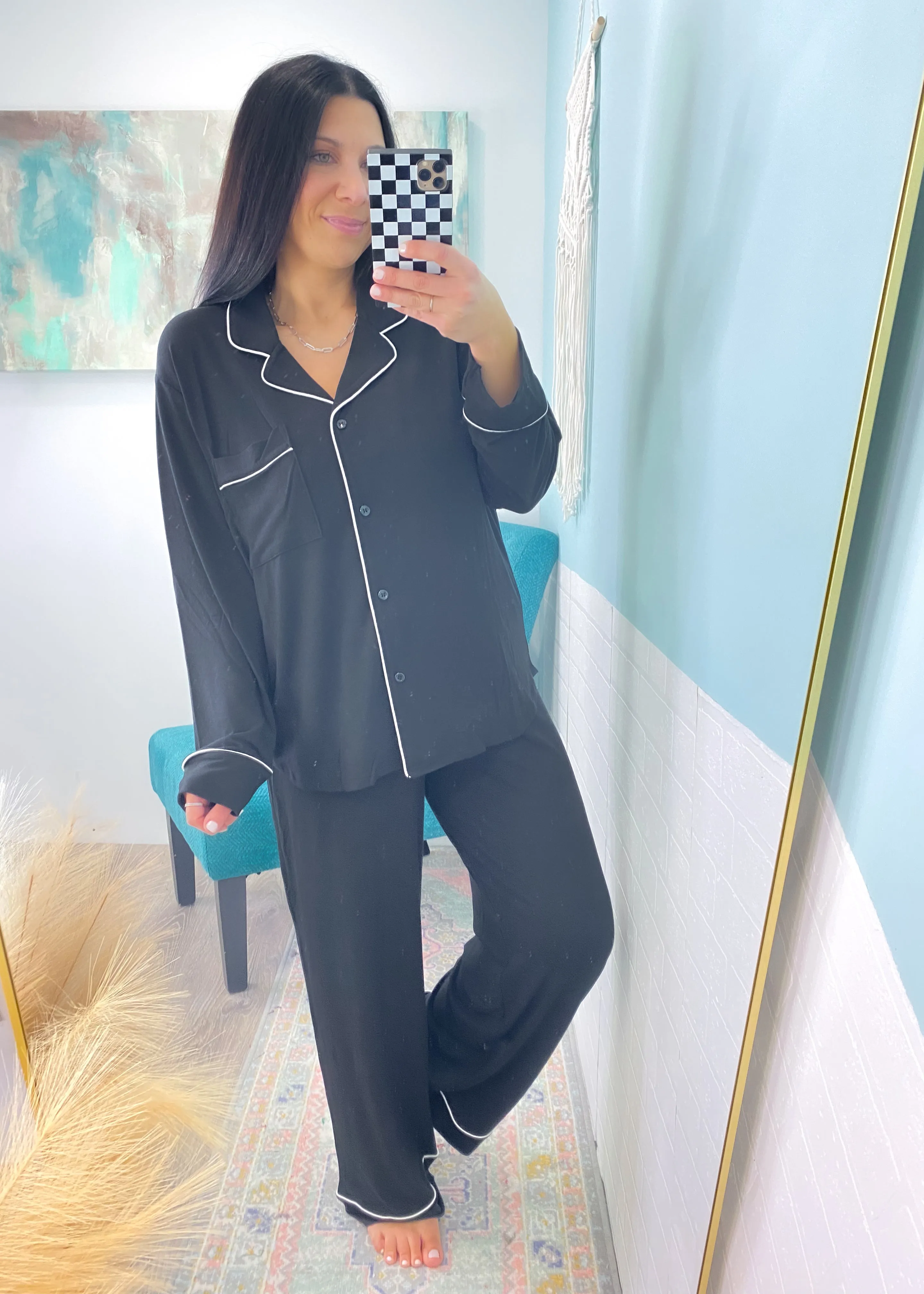 'Sweet Dreams' Black Ultra Soft Long Sleeve & Wide Leg Pants Pajamas