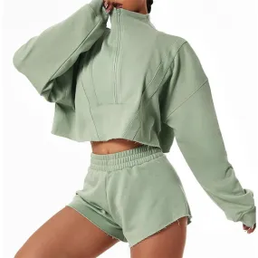 Sweetkama Ladies Stand Collar Zipper Hoodie Loose Short Set Green