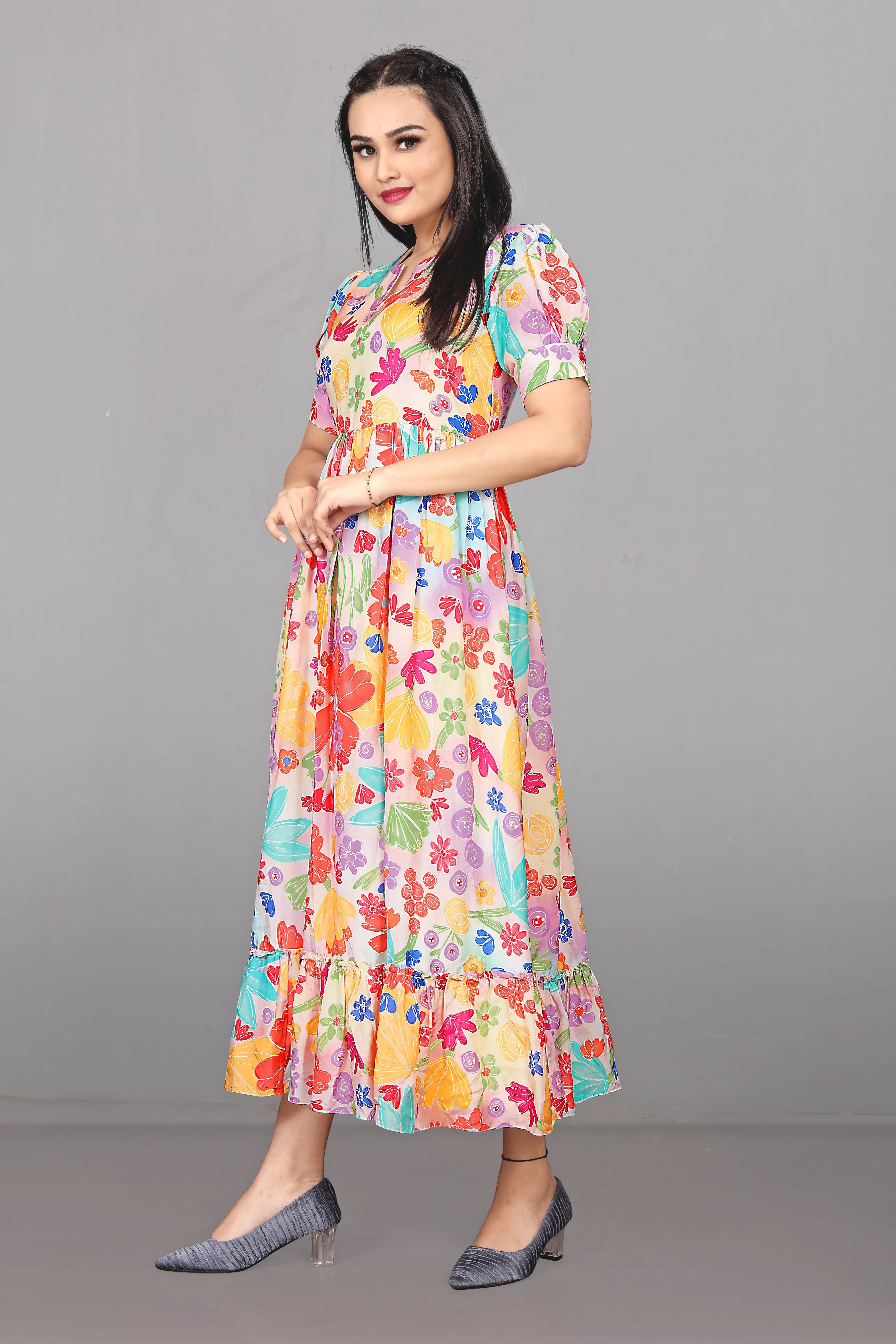 Women Multicolored Playful Printed Dress with Puff sleeves