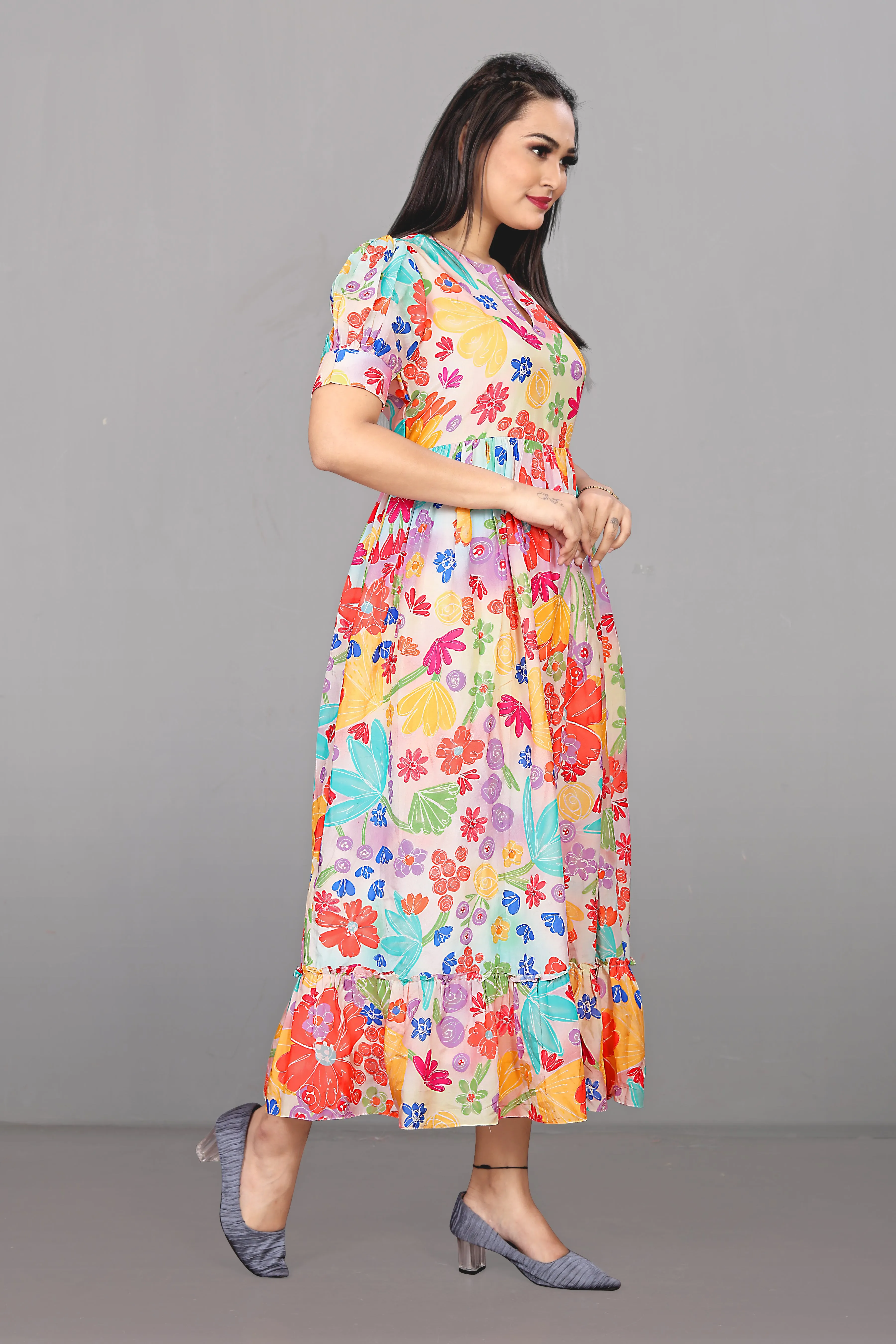 Women Multicolored Playful Printed Dress with Puff sleeves