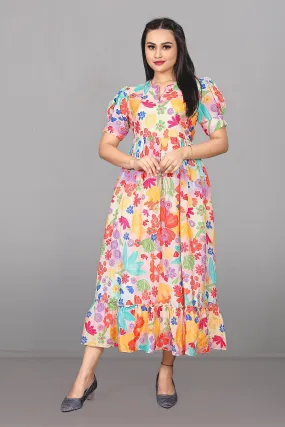 Women Multicolored Playful Printed Dress with Puff sleeves