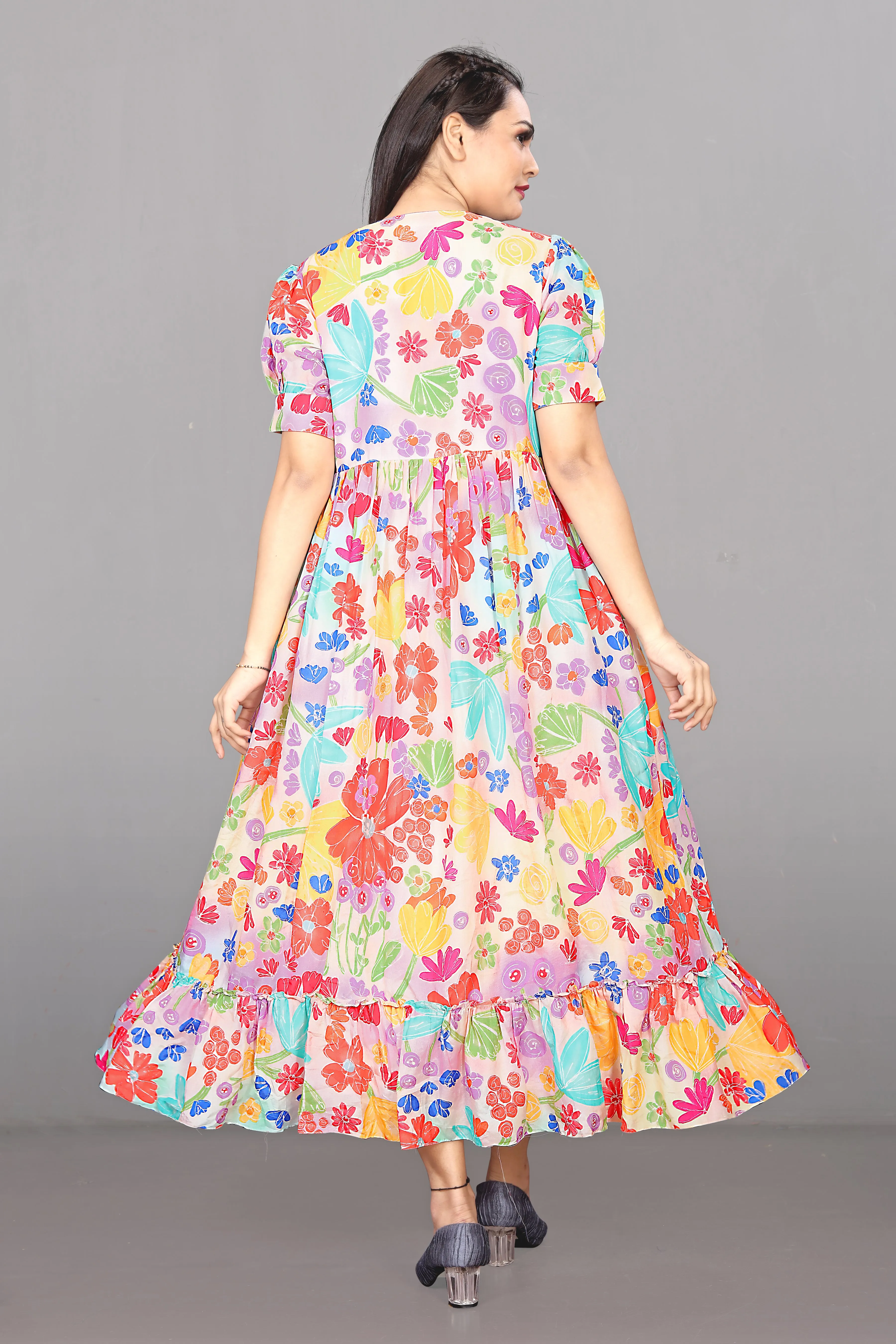 Women Multicolored Playful Printed Dress with Puff sleeves